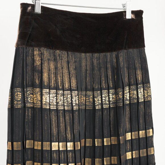 Jean Paul Gaultier Black Silk Gold-Foil Pleated Lace-Hem Midi Skirt - Picture 3 of 13